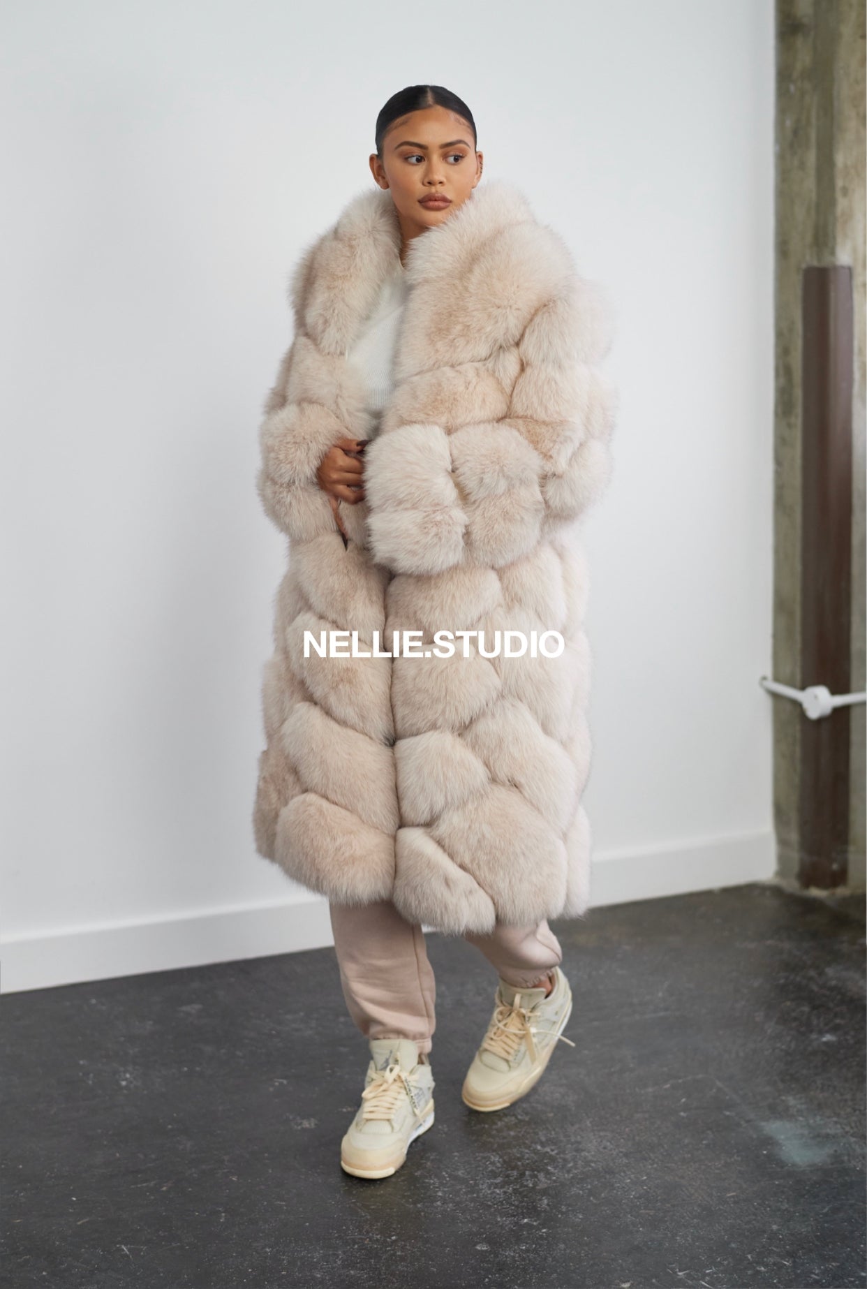 The 'XL' Full-Length Coat in Nude and Natural White