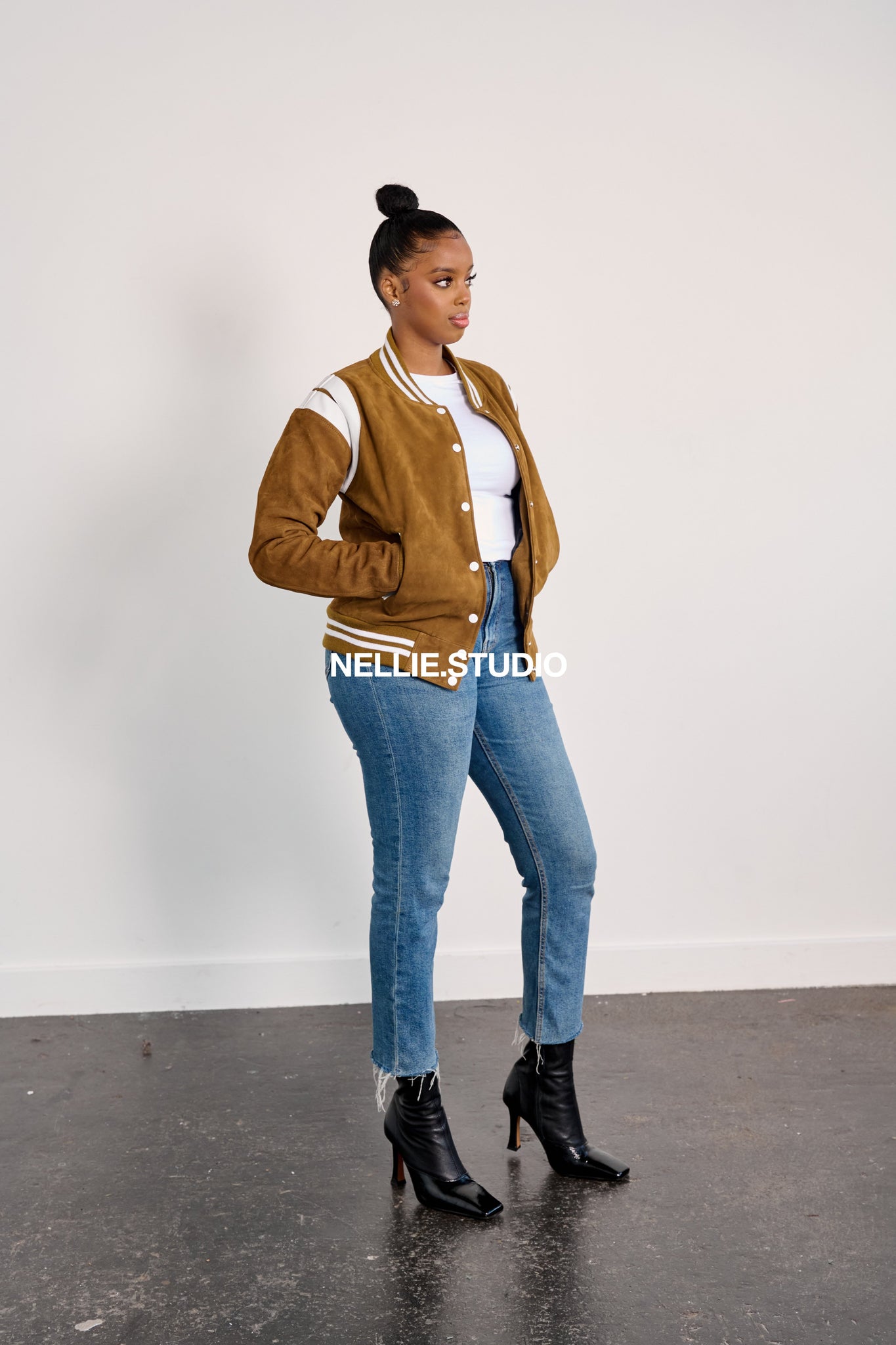 The Classic Suede Bomber in Tan